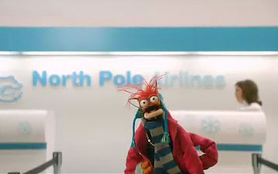 Pepe the King Prawn looking for a ride on North Pole Airlines
